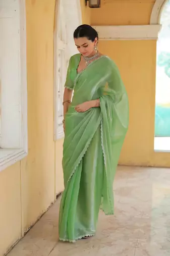 Green Organza Swarovski Saree With Unstitched Blouse Piece