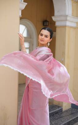 Pink Organza Swarovski Saree With Unstitched Blouse Piece 1