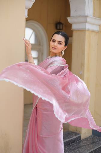 Pink Organza Swarovski Saree With Unstitched Blouse Piece