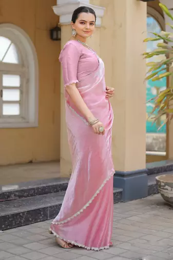Pink Organza Swarovski Saree With Unstitched Blouse Piece