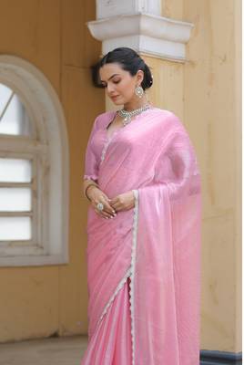 Pink Organza Swarovski Saree With Unstitched Blouse Piece 3