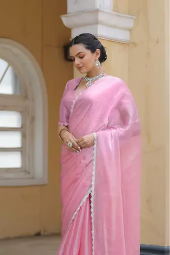 Pink Organza Swarovski Saree With Unstitched Blouse Piece