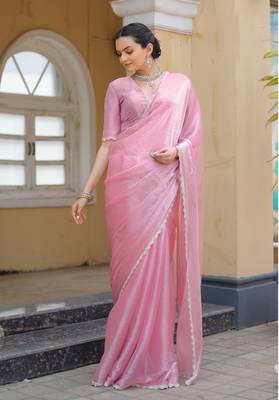 Pink Organza Swarovski Saree With Unstitched Blouse Piece 4