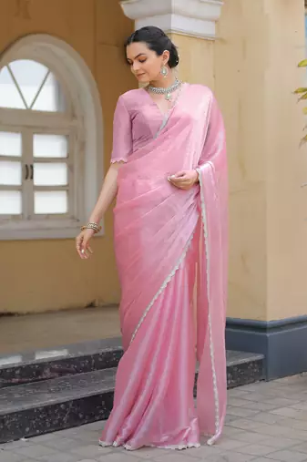 Pink Organza Swarovski Saree With Unstitched Blouse Piece