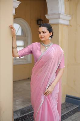 Pink Organza Swarovski Saree With Unstitched Blouse Piece 5