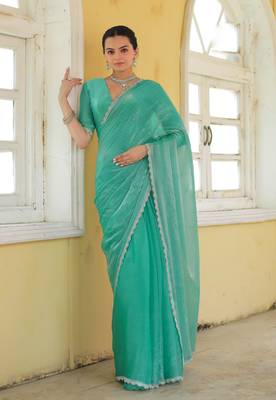 sea green organza swarovski saree with unstitched blouse piece 1