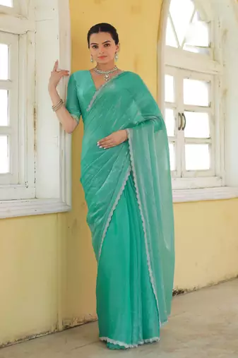 sea green organza swarovski saree with unstitched blouse piece