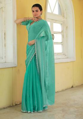 sea green organza swarovski saree with unstitched blouse piece 2