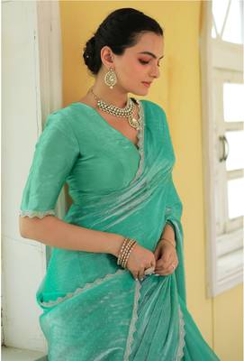 sea green organza swarovski saree with unstitched blouse piece 3