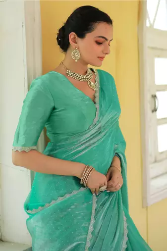 sea green organza swarovski saree with unstitched blouse piece