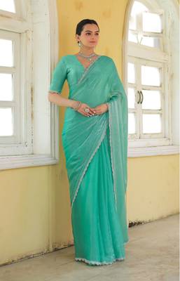 sea green organza swarovski saree with unstitched blouse piece 4