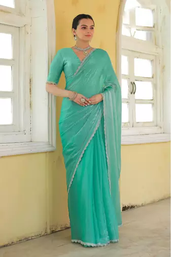 sea green organza swarovski saree with unstitched blouse piece