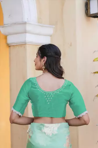 sea green organza swarovski saree with unstitched blouse piece