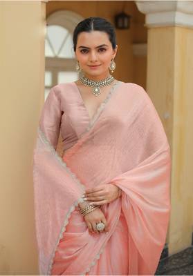 Peach Organza Swarovski Saree With Unstitched Blouse Piece 1