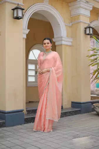 Peach Organza Swarovski Saree With Unstitched Blouse Piece