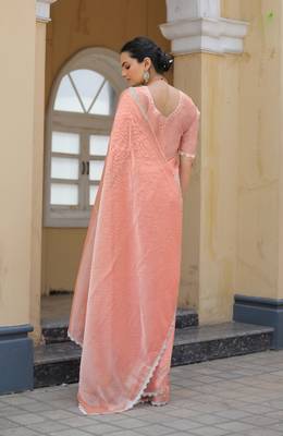 Peach Organza Swarovski Saree With Unstitched Blouse Piece 3