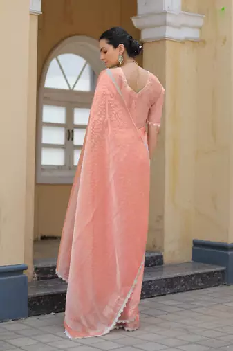 Peach Organza Swarovski Saree With Unstitched Blouse Piece