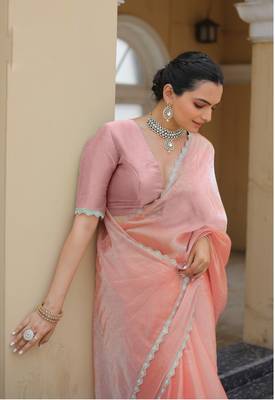 Peach Organza Swarovski Saree With Unstitched Blouse Piece 4