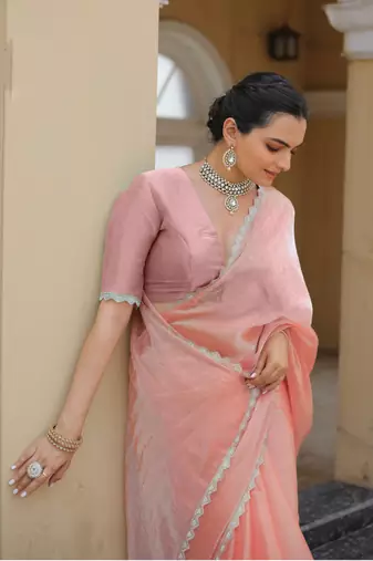 Peach Organza Swarovski Saree With Unstitched Blouse Piece