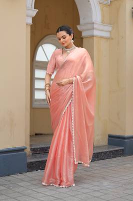 Peach Organza Swarovski Saree With Unstitched Blouse Piece 5