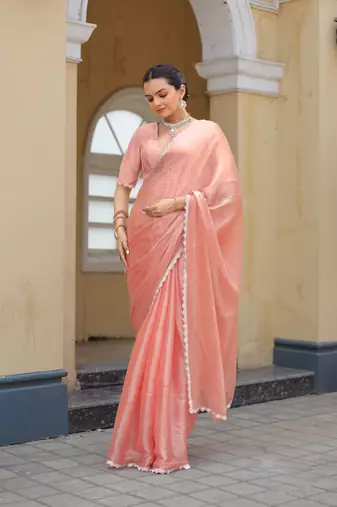 Peach Organza Swarovski Saree With Unstitched Blouse Piece