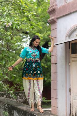 Deep Green And Sky Embroiderd Kedia with off-white Tulip Pants Traditional Indian Dress Women   s Festival Fashion 1
