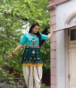 Deep Green And Sky Embroiderd Kedia with off-white Tulip Pants Traditional Indian Dress Women   s Festival Fashion