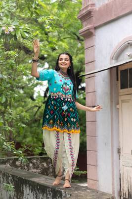Deep Green And Sky Embroiderd Kedia with off-white Tulip Pants Traditional Indian Dress Women   s Festival Fashion 3