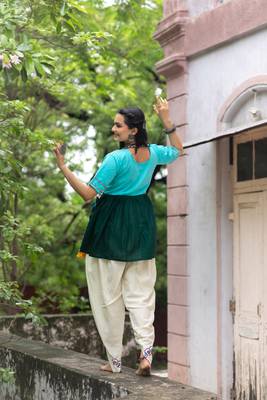 Deep Green And Sky Embroiderd Kedia with off-white Tulip Pants Traditional Indian Dress Women   s Festival Fashion 4