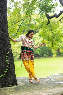 White and Deep Green Embroidered Kedia with yellow Tulip Pant. Traditional Festive Outfit. 1