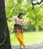 White and Deep Green Embroidered Kedia with yellow Tulip Pant. Traditional Festive Outfit.
