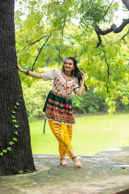 White and Deep Green Embroidered Kedia with yellow Tulip Pant. Traditional Festive Outfit. 3