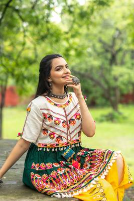 White and Deep Green Embroidered Kedia with yellow Tulip Pant. Traditional Festive Outfit. 4