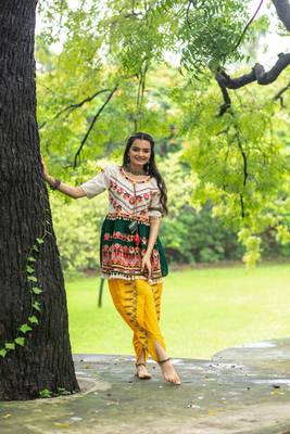 White and Deep Green Embroidered Kedia with yellow Tulip Pant. Traditional Festive Outfit. 5