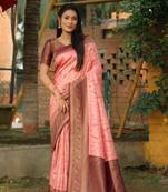 Women Pink Silk Kanjivaram Printed Woven Saree Zari Border Rich Pallu Saree With Blouse For Women