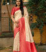 Women Off White Silk Kanjivaram Printed Woven Saree Zari Border Rich Pallu Saree With Blouse For Women