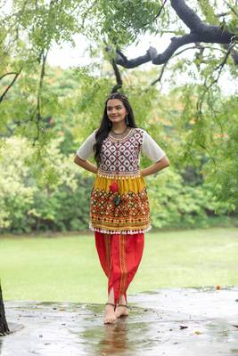 Off-white embroidered Navratri kedia with red tulip pant Traditional Navratri Women Wear Festive kedia outfit. 1