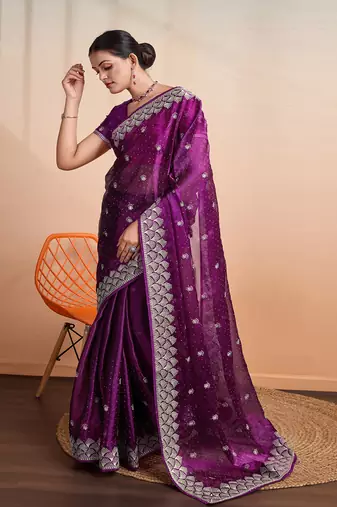 green organza woven saree with unstitched blouse piece