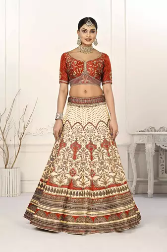 ORANGE COLOR SEMISTITCHED DIGITAL PRINT LEHENGA WITH UNSTITCHED BLOUSE AND DUPATTA