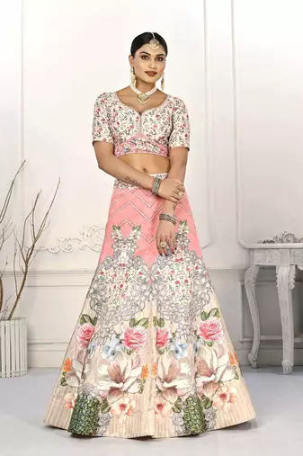 PEACH COLOR SEMISTITCHED DIGITAL PRINT LEHENGA WITH UNSTITCHED BLOUSE AND DUPATTA