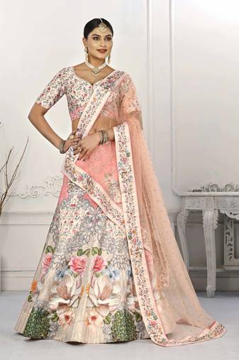 PEACH COLOR SEMISTITCHED DIGITAL PRINT LEHENGA WITH UNSTITCHED BLOUSE AND DUPATTA