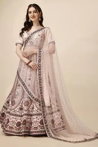 PEACH COLOR SEMISTITCHED DIGITAL PRINT LEHENGA WITH UNSTITCHED BLOUSE AND DUPATTA