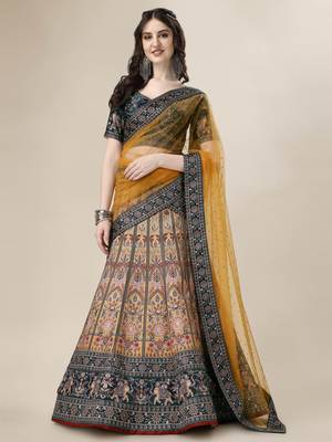MUSTARD COLOR SEMISTITCHED DIGITAL PRINT LEHENGA WITH UNSTITCHED BLOUSE AND DUPATTA 1