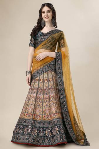 MUSTARD COLOR SEMISTITCHED DIGITAL PRINT LEHENGA WITH UNSTITCHED BLOUSE AND DUPATTA
