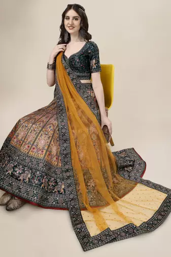 MUSTARD COLOR SEMISTITCHED DIGITAL PRINT LEHENGA WITH UNSTITCHED BLOUSE AND DUPATTA