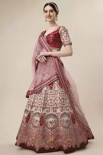 RED COLOR SEMISTITCHED DIGITAL PRINT LEHENGA WITH UNSTITCHED BLOUSE AND DUPATTA