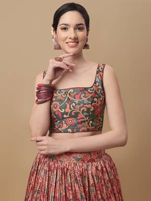 PEACH  COLOR SEMISTITCHED KALAMKARI  PRINT LEHENGA WITH UNSTITCHED BLOUSE AND DUPATTA 2