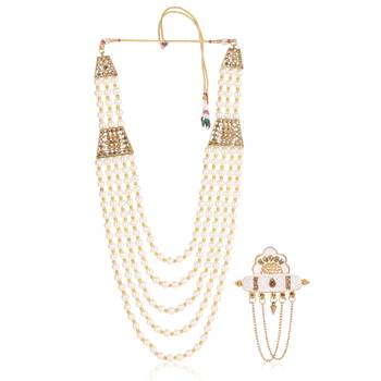   groom sherwani necklace moti mala layered for wedding | groom mala with brooch set 2