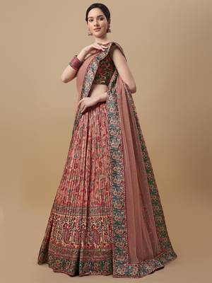 PEACH  COLOR SEMISTITCHED KALAMKARI  PRINT LEHENGA WITH UNSTITCHED BLOUSE AND DUPATTA 3
