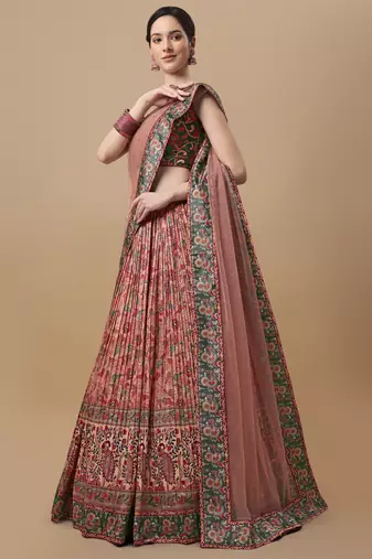 PEACH  COLOR SEMISTITCHED KALAMKARI  PRINT LEHENGA WITH UNSTITCHED BLOUSE AND DUPATTA